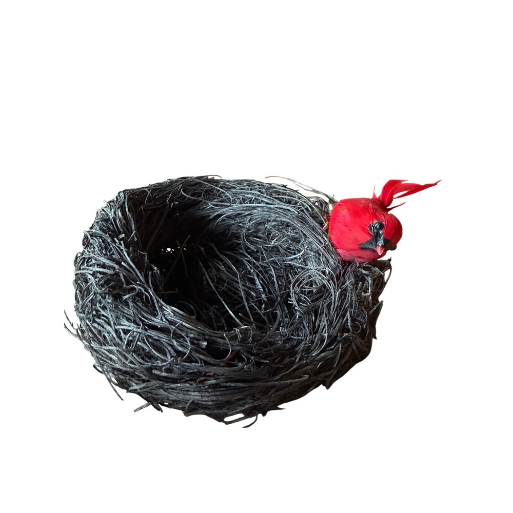 Decorative Black Woven Twig Bird Nest with Red Cardinal Figurine Rustic Decor